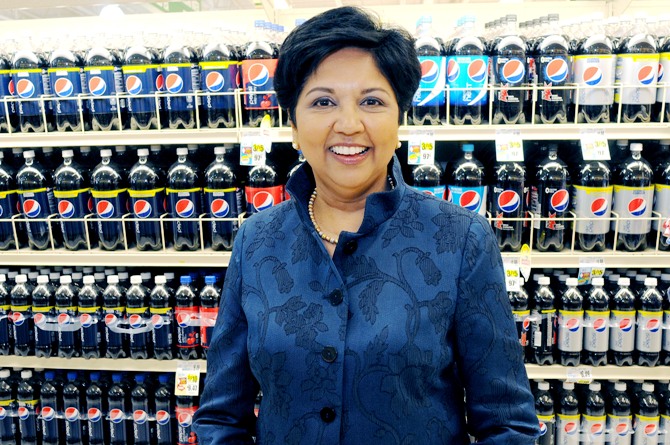 PepsiCo CEO Indra Nooyi poses for a portrait by products at the Tops SuperMarket in Batavia, New York.