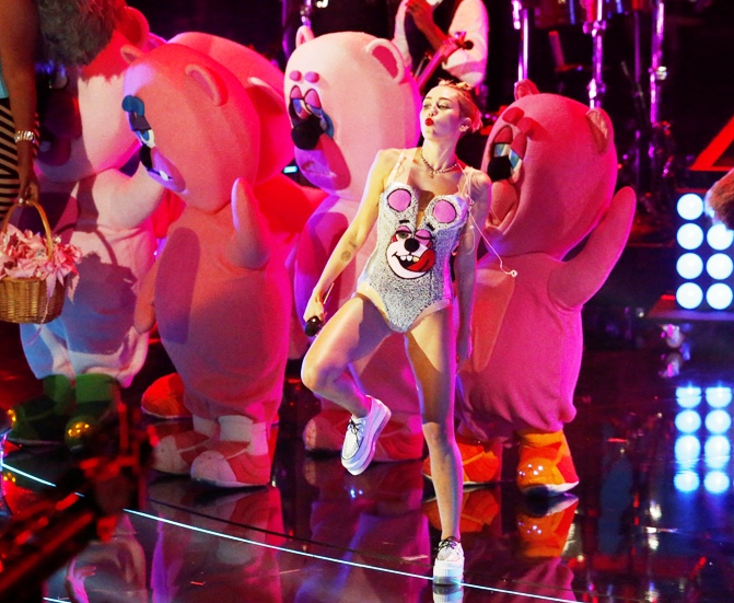 Singer Miley Cyrus performs 'We Can't Stop' during the 2013 MTV Video Music Awards in New York.