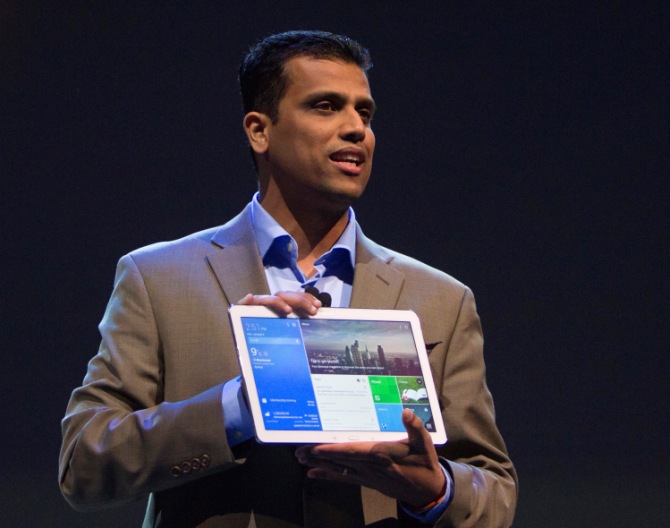 Nanda Ramachandran, vice president of Samsung Telecommunications America, holds up a Galaxy Tab Pro tablet during the Consumer Electronics Show (CES), in Las Vegas, Nevada, January 6, 2014. 