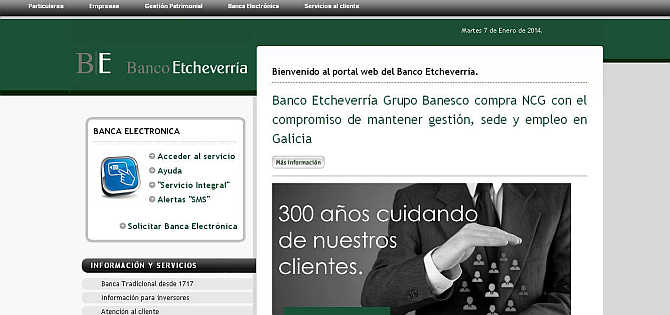 Homepage of Banco Etcheverria website.