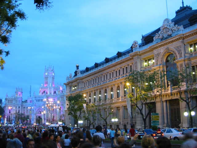 A view of the Bank of Spain, with City Hall to the left, in Madrid.