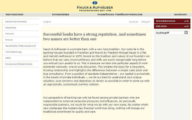 Homepage of Hauck & Aufhauser website.