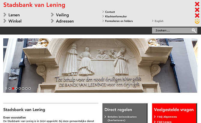 Homepage of Stadsbank van Lening website.