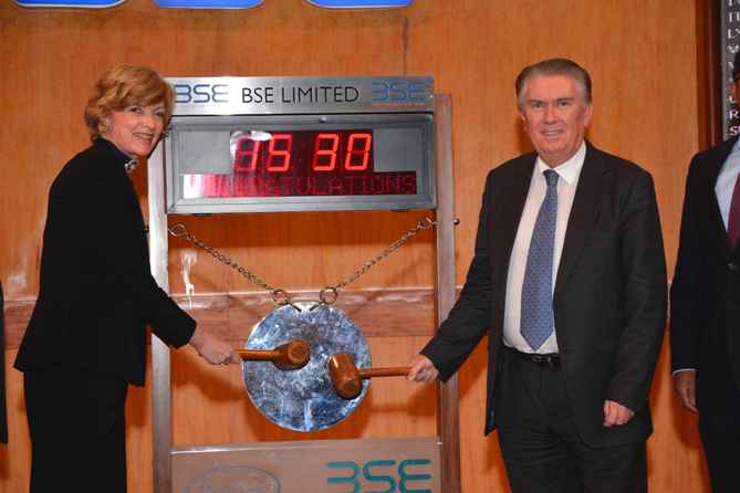 Lord Mayor of London Fiona Woolf ringing the closing bell at BSE along with Sir Paul Judge.