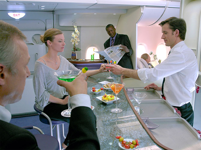 A380 cabin allows space for social areas.