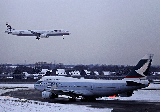  a Cathay Pacific Boeing 747 taxis at Heathrow airport in west London.