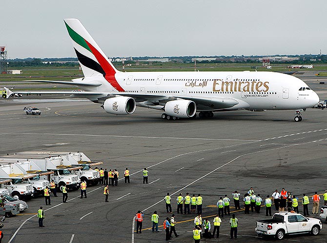 Emirates Airline's Airbus A380 arrives at John F. Kennedy International Airport in New York.