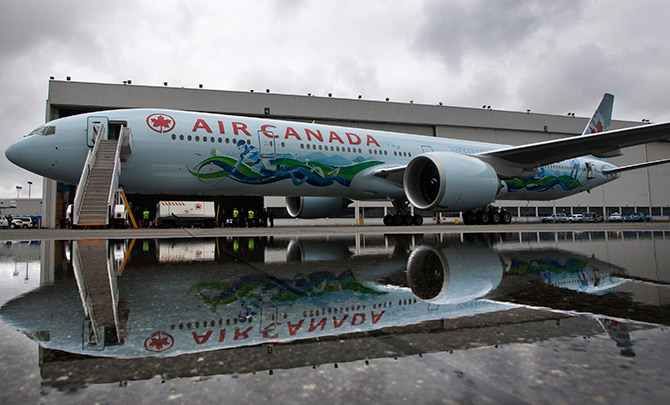 An Air Canada Boeing 777 painted in a 2010 Winter Olympic Games motive is unveiled in Vancouver, British Columbia.