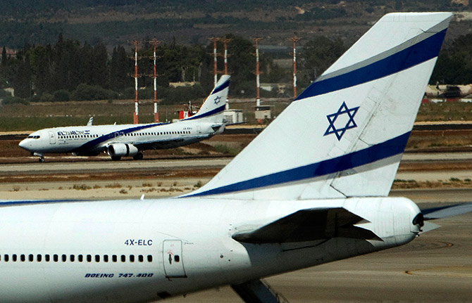 El Al airplanes are seen on the runway at Ben Gurion International airport near Tel Aviv.