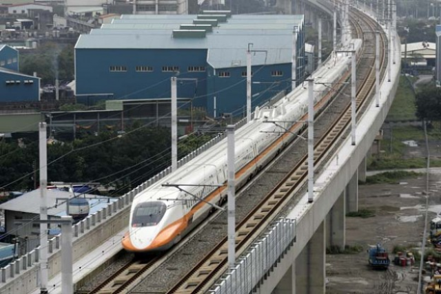 A high-speed bullet train in Taoyuan, Taiwan.