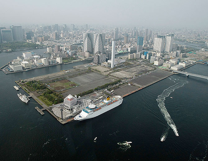 The reserved land for the main stadium of the 2016 Tokyo Summer Olympic Games is seen from a helicopter.