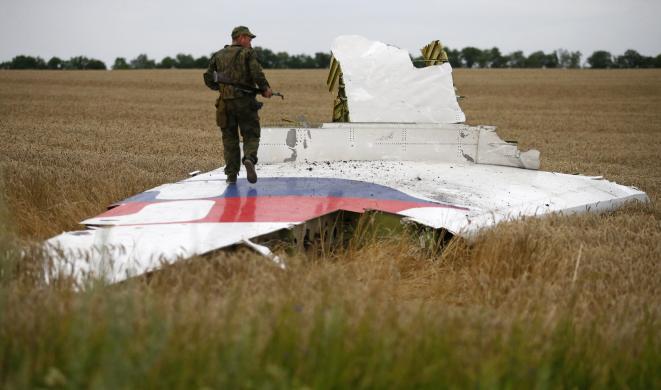 An armed pro-Russian separatist stands on part of the wreckage of the Malaysia Airlines Boeing 777 plane after it crashed near the settlement of Grabovo in the Donetsk region.