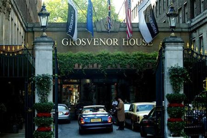 The entrance to the Grosvenor House Hotel in Park Lane in London.