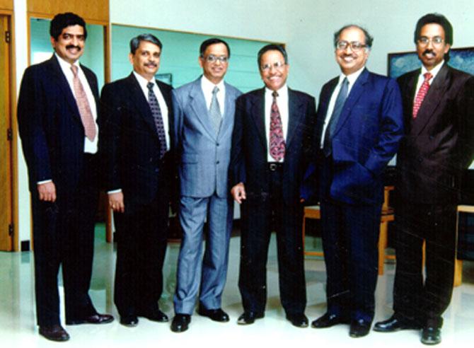 Infosys founders (Left to right): Nandan Nilekani, S Gopalakrishnan, N R Narayana Murthy, K Dinesh, N S Raghavan and S D Shibulal.