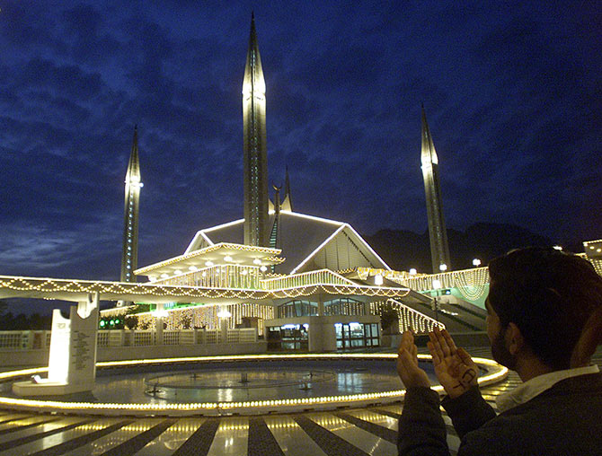 Pakistan's Faisal mosque is bathed in light on the twenty-seventh night of the fasting month of Ramadan in Islamabad.