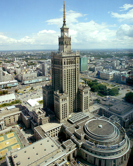 Ariel view of the neo-Gothic Palace of Culture.