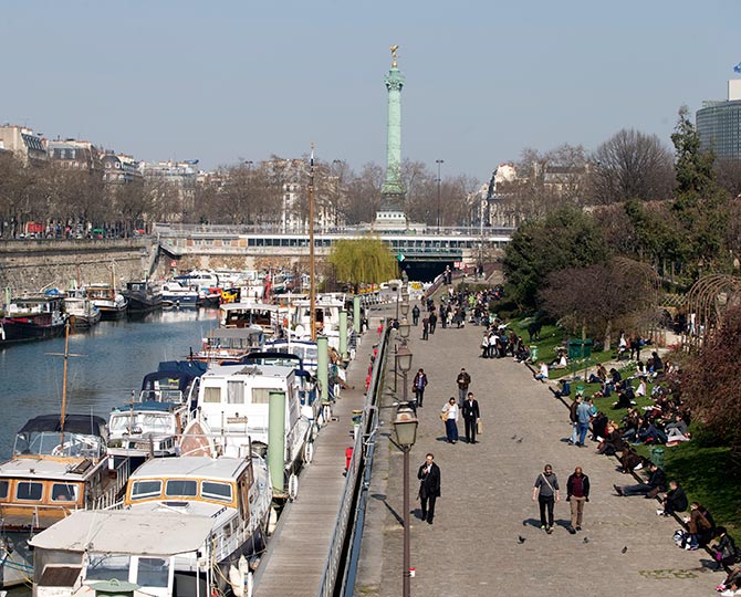 A view shows boats along the Port de l'Arsenal near the Place de la Bastille (Bastille Square) in Paris.