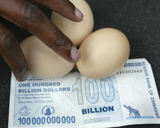 A vendor arranges eggs on a new 100 billion dollar note.