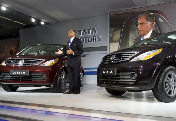 Ratan Tata speaks during the unveiling ceremony of Tata Motor's Aria at India's Auto Expo.