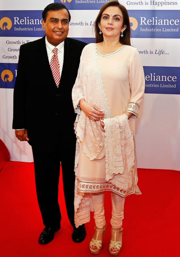 Reliance Industries Chairman Mukesh Ambani with wife Nita Ambani at the company's annual shareholders' meeting in Mumbai.