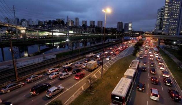 Vehicles are seen in a traffic jam during rush hour at Marginal Pinheiros in Sao Paulo.