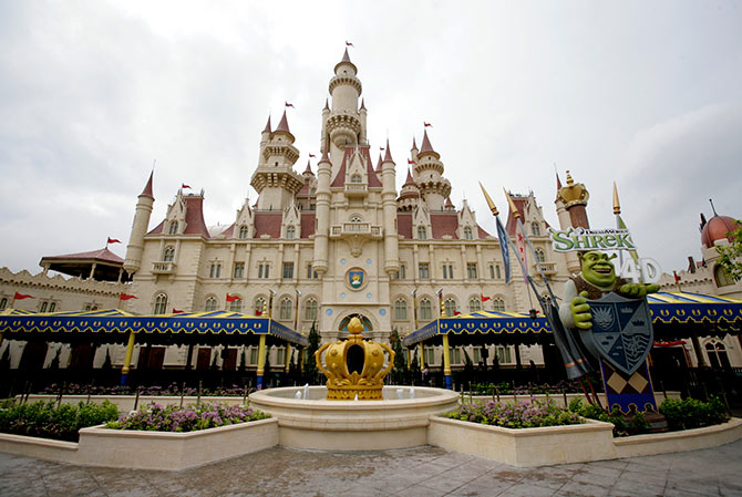 An exterior view shows the castle inside the Far Far Away section during a media preview of the Universal Studios theme park in Singapore.