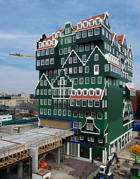 Construction work continues on a hotel made to look like seventy Zaanse houses stacked together in the centre of Zaandam, north of Amsterdam.