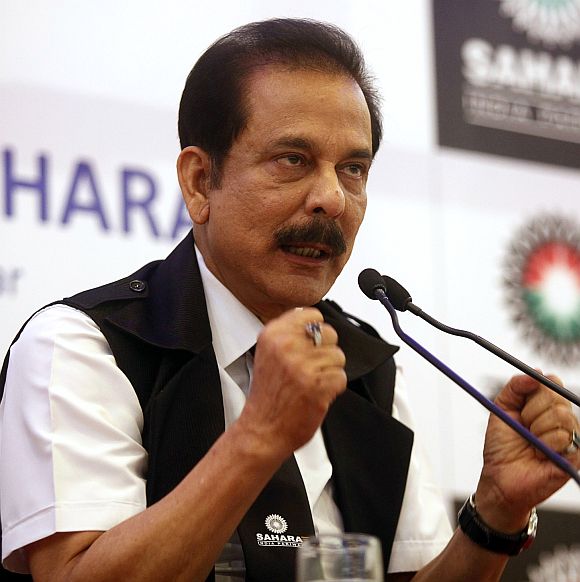 Sahara Group Chairman Subrata Roy gestures as he speaks during a news conference in Kolkata.
