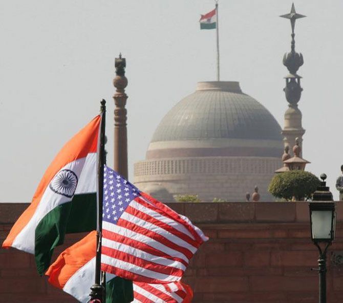 Image: Indian and US national flags flutter in front of the Presidential Palace in New Delhi. Photograph: B Mathur/Reuters