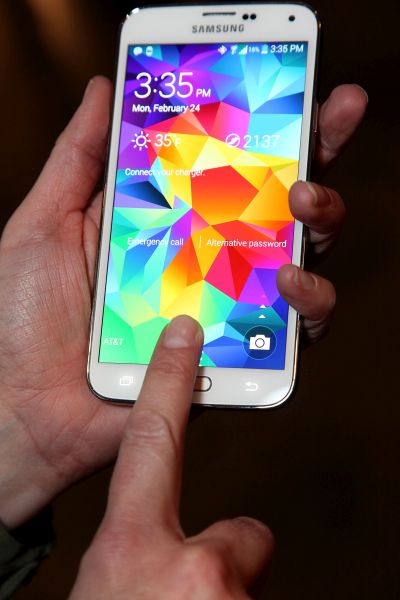 A view of the Galaxy S 5 fingerprint sensor at the Unpacked New York.