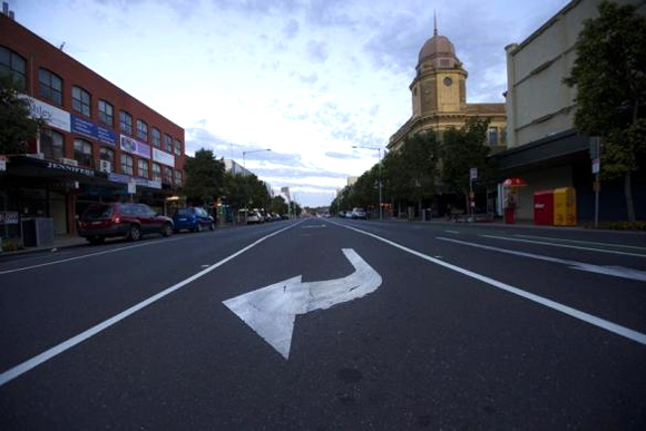 An arrow road-marking is seen painted on a thoroughfare in Geelong.
