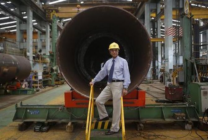 M. V. Kotwal, president of Larsen & Turbo Heavy Engineering, poses inside the company's manufacturing plant in Mumbai June 17, 2013. 