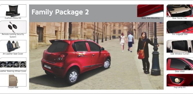 Photo shows accessories included in Datsun Go Family Package 2.