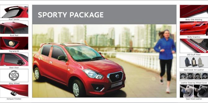 Photo shows accessories included in Datsun Go Sporty Package.