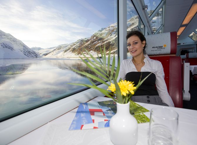 A view from Glacier Express shows winter at Oberalp.
