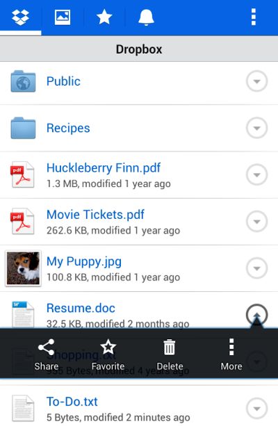 Screenshot of Dropbox app for smartphones.