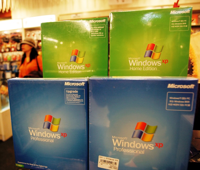 Microsoft Corp's Windows XP software products are displayed at a shop.
