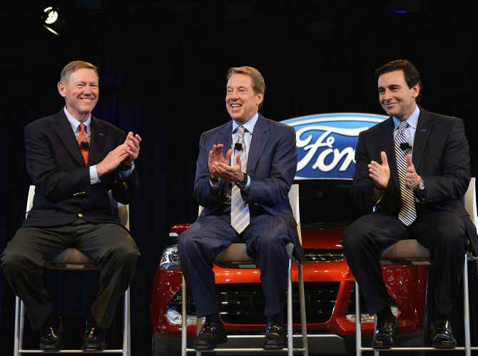 Ford Motor Company Executive Chairman Bill Ford (middle) announced that Alan Mulally (left) has decided to retire from the company July 1, and Mark Fields will be named Ford president and chief executive officer and elected as a member of the company's board of directors.