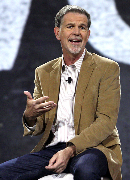 Netflix CEO Reed Hastings speaks during a keynote speech with Amazon Senior Vice President Andy Jassy at the Re:Invent conference at the Sands Expo in Las Vegas, Nevada.