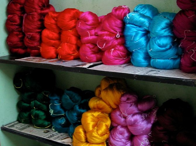 Wonderfully bright silk yarn waiting to be hand-woven into finely crafted saris in Tamil Nadu.