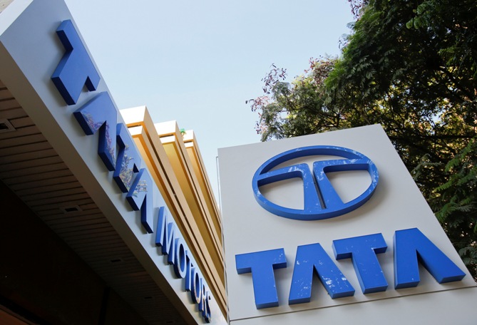 Tata Motors logos are pictured outside their flagship showroom in Mumbai.