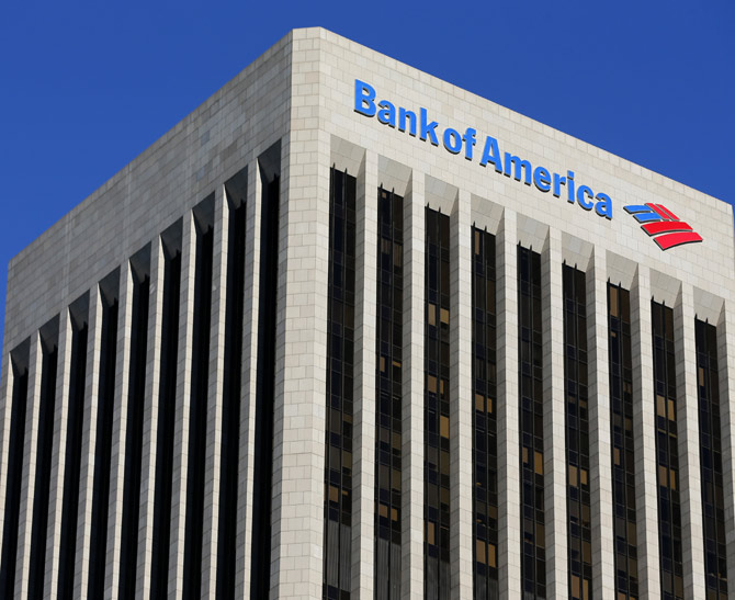 A  Bank of America sign is shown on a building in downtown Los Angeles, California.