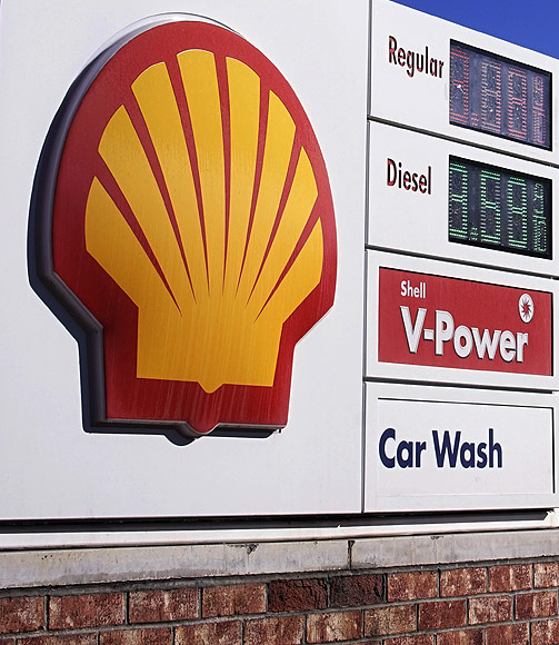 The Shell logo sign is seen at one of its gas station.