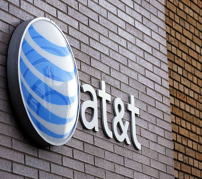 An AT&T sign is shown on a building in downtown San Diego, California.