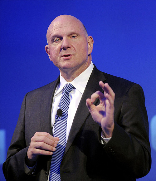 Microsoft Chief Executive Steve Ballmer speaks during a Nokia news conference.