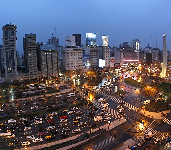 Overview of Buenos Aires' 9 de Julio Avenue with the Obelisk in the background.