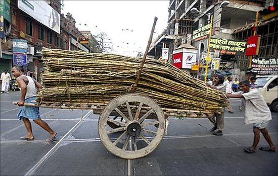 Labourers transport sugarcane on a hand-cart outside a wholesale market in Kolkata.
