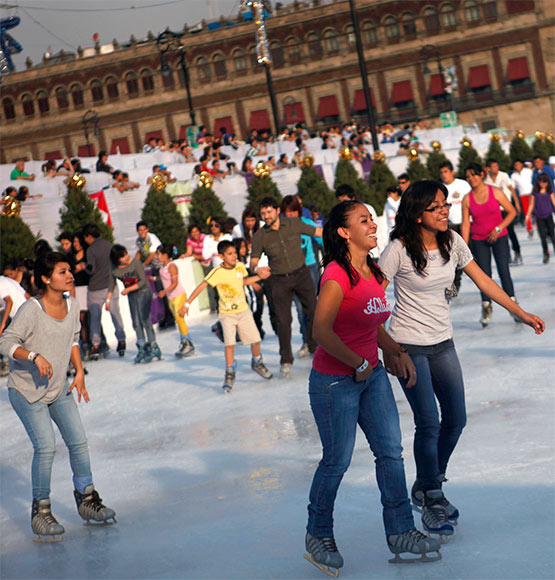 Ice skaters are seen on an ice skating rink in Mexico City's historic Zocalo square.