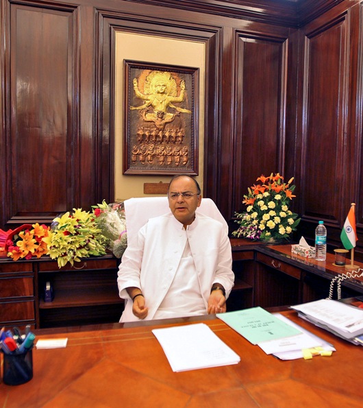 India's new Finance Minister Arun Jaitley sits inside his office at the finance ministry in New Delhi May 27, 2014.
