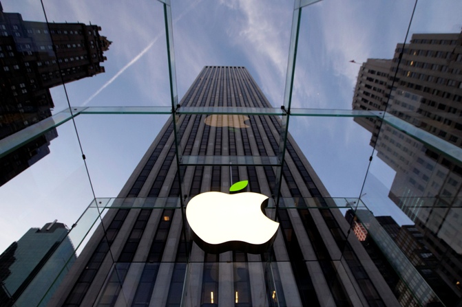 The leaf on the Apple symbol is tinted green at the Apple flagship store on 5th Ave in New York.